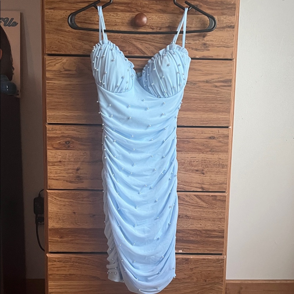 Windsor Light Blue Ruched Beaded Dress